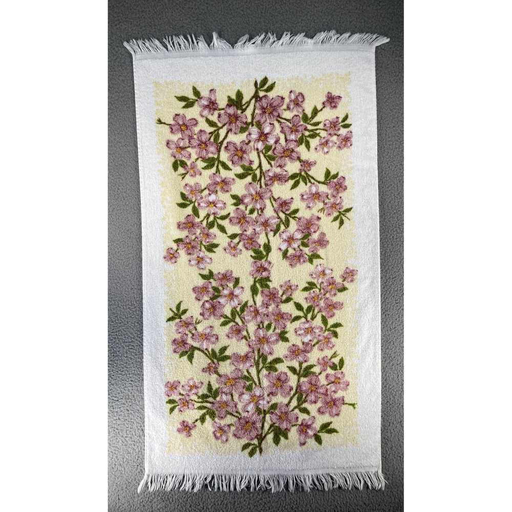 Vintage Cannon Bath Towel White Purple Yellow Floral Fringed 38x21 Inches